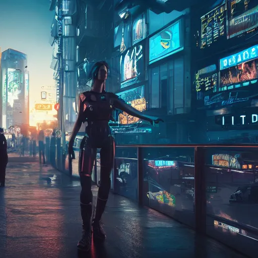 Image similar to trending on artstation 4k, unreal engine render, beautiful illustration of military woman standing in cyberpunk city