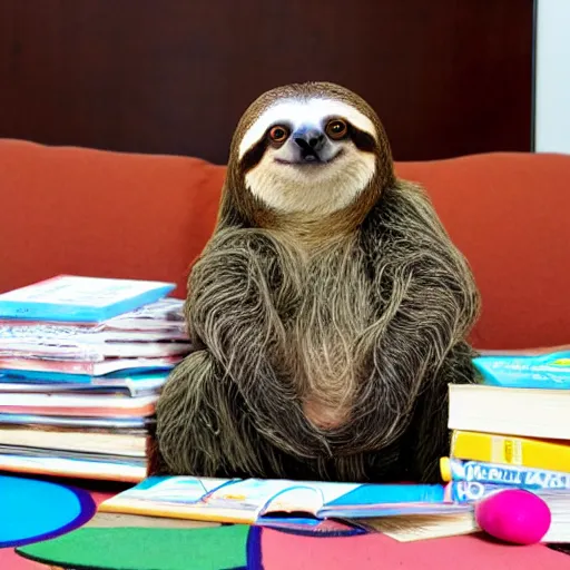 Prompt: sloth wearing diaper, sitting on couch, beside pile of books