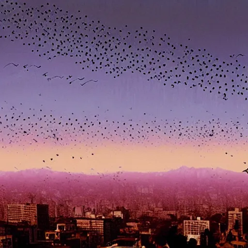 Prompt: thousands of bird trajectory trails in the sky of santiago of chile, purple dawn seen from a metro station, matte painting by esao andrews and akira kurosawa