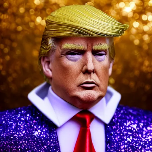 Image similar to Donald Trump with silver-violet hair, white eyes and golden glittery dress, wide lens, diorama, 4k,