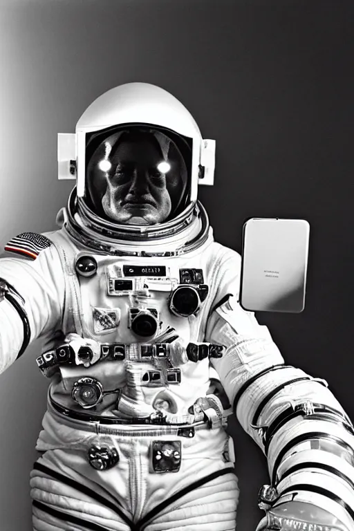 Image similar to extremely detailed studio portrait of space astronaut taking a selfie, holds a smart phone in one hand, phone!! held up to visor, reflection of phone in visor, moon, extreme close shot, soft light, golden glow, award winning photo by james van der zee