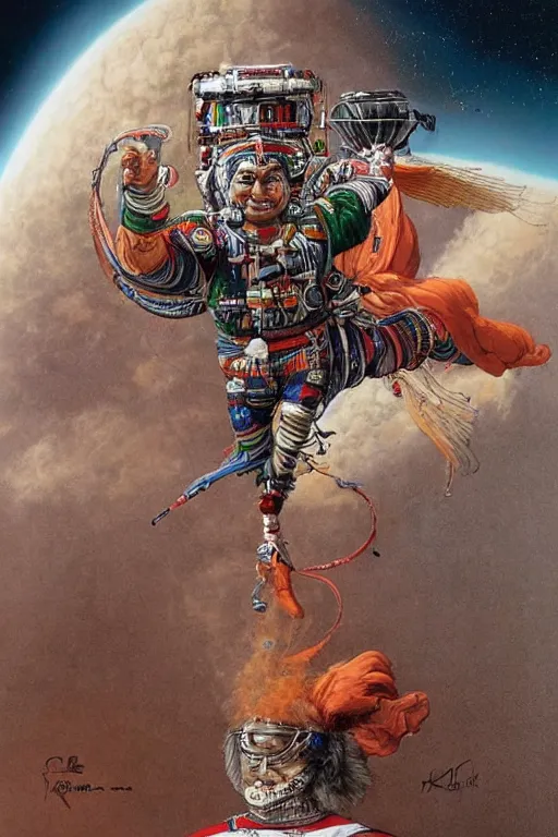 Image similar to a hyperrealistic portrait of Indian god\'s flying in space, 8k, by rlon wang and Kim Jung gi