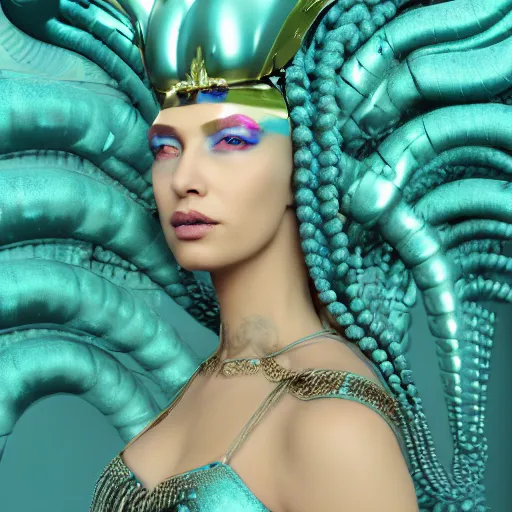 Prompt: unreal engine, octane render, 8 k, sandro botticelli portrait of egyptian sumerian goddess princess intergalactica, nautical siren, queen of heaven, techno mystic goddess, with aqua neon dreadlocks, teal eyebrows encrusted with diamonds, wearing iris van herpen haute couture, star - gate of futurisma,