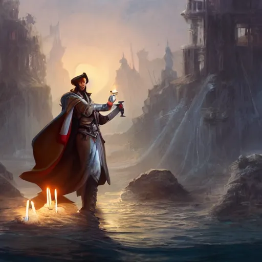 Image similar to concept art of a smart swashbuckler holding a candle holder discovering a sunken city, wearing a cape highly detailed, digital art, illustration, artstation, very detailed, 4 k