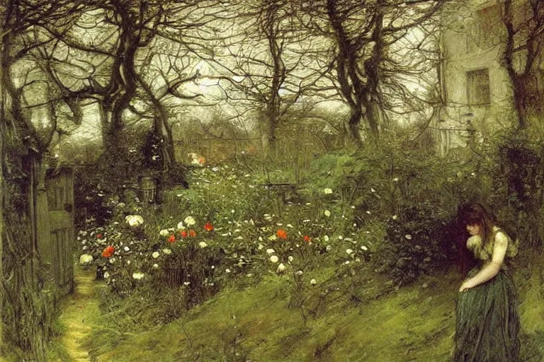 Image similar to secret garden, lush, floral, botanical, romanticism, dark, moody, john everett millais