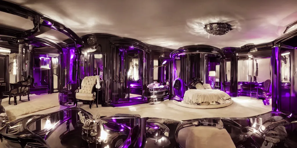 Prompt: millionaire mansion purple leather dungeon bedroom, blade runner 2 0 4 9, chrome dance pole, latex outfits, whips, floggers, chains, handcuffs king size canopy bed, moody dark cinematic lighting,