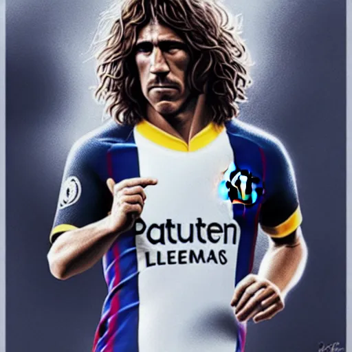 Image similar to Carles Puyol, Fc Barcelona captain, defending his club, D&D, fantasy, intricate, elegant, highly detailed, digital painting, artstation, concept art, matte, sharp focus, illustration, art by Artgerm and Greg Rutkowski and Alphonse Mucha