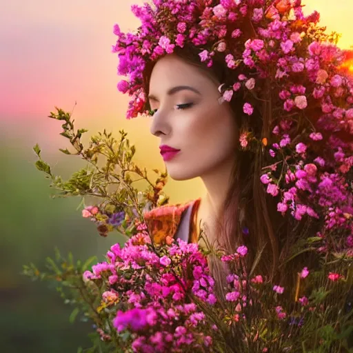 Prompt: beautiful woman built with flowers in a scenery that evokes reverie and sunset.