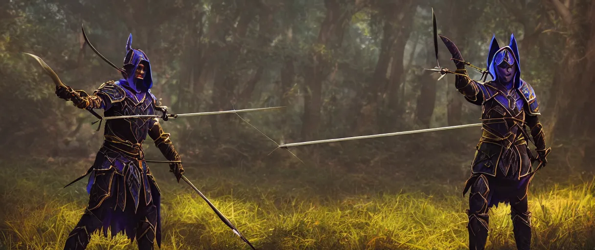 Prompt: a armored night elf hunter warrior casting arrows with bow lord dramatic lighting cinematic establishing shot extremely high detail foto realistic cinematic lighting post processed