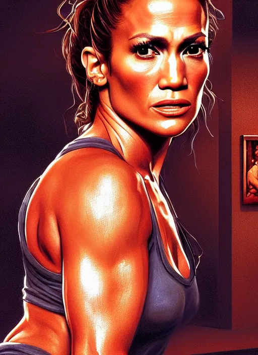 Prompt: A film still of jennifer lopez as John Mcclane in die hard, highly detailed, digital painting, artstation, concept art, sharp focus, illustration, cinematic lighting, art by artgerm and greg rutkowski and alphonse mucha diffuse lighting, fantasy, intricate, elegant, highly detailed, lifelike, photorealistic, digital painting, artstation, illustration, concept art, smooth, sharp focus, art by John Collier and Albert Aublet and Krenz Cushart and Artem Demura and Alphonse Mucha