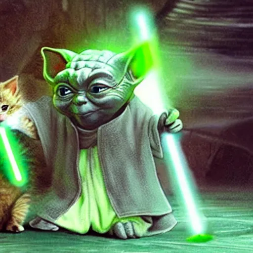 Prompt: Jedi master yoda teaching a kitten how to use a lightsaber