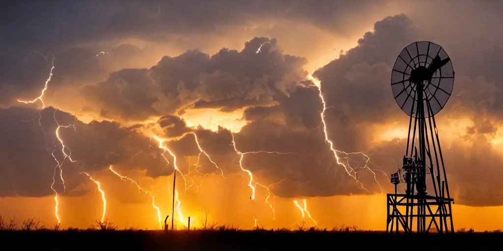 Image similar to photo of a stormy west texas sunset, perfect rustic ( ( windpump ) ), film photography, lightning, golden hour, high quality, beautiful!!!