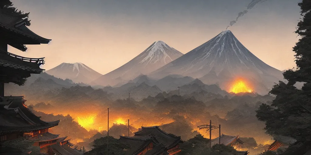 Prompt: a powerful japanese village high in mountains, calm morning, fanart artstation global illumination rtx hdr fanart arstation 3 d, volcano, concept art by greg rutkowski and laurie greasley, forest, fantastic landscape, 8 k, cinematic color grading