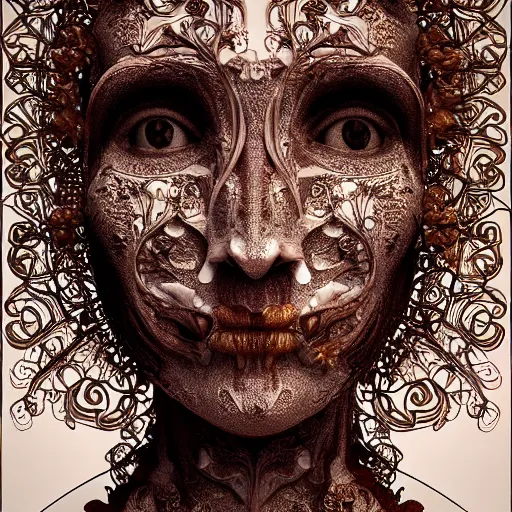 Image similar to beatifull woman, 150 mm, anatomical, flesh, flowers, mandelbrot fractal, facial muscles, veins, arteries, intricate, golden ratio, full frame, microscopic, elegant, highly detailed, ornate, ornament, sculpture, elegant , luxury, beautifully lit, ray trace, unreal, 3d, PBR, in the style of peter Gric and Romero Ressendi