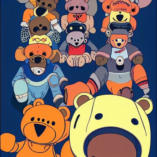 Image similar to happybears!, humanoid bears, bear costumes, happy faces, evil happy faces, rollerblading, rollerskates, four humanoid bears, 2 0 0 1 anime, flcl, golden hour, japanese town, cel - shaded, strong shadows, vivid hues, y 2 k aesthetic