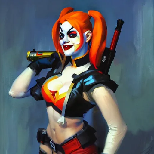 Image similar to Greg Manchess portrait painting of Harley Quinn as Overwatch character, medium shot, asymmetrical, profile picture, Organic Painting, sunny day, Matte Painting, bold shapes, hard edges, street art, trending on artstation, by Huang Guangjian and Gil Elvgren and Sachin Teng