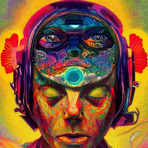 Image similar to An extremely psychedelic experience, colorful, surreal, dramatic lighting, cosmonaut, LSD, face, detailed, intricate, elegant, highly detailed, digital painting, artstation, concept art, smooth, sharp focus, illustration, art by Sam Spratt, Dan Mumford, Artem Demura and Alphonse Mucha