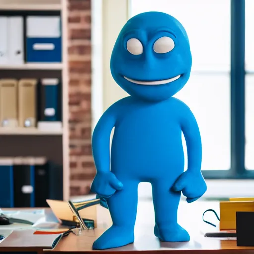 Image similar to professional portrait of an anthropomorphic cute blue clay man wearing a suit in an office, 8k, dslr, cinematic,