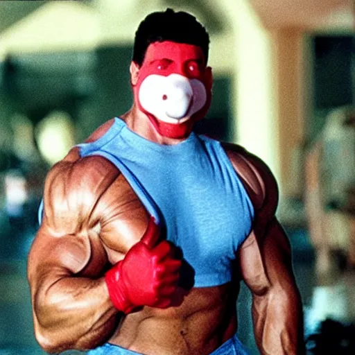 Prompt: film still of an extremely muscular man wearing a plastic goose mask, 1 9 9 8 movie