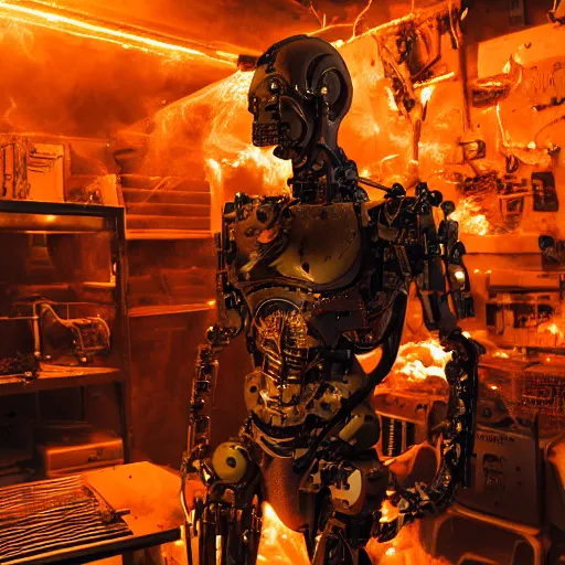 Image similar to cyborg with toaster oven chest, dark messy smoke - filled cluttered workshop, dark, dramatic lighting, orange tint, sparks, cinematic, highly detailed, sci - fi, futuristic, movie still