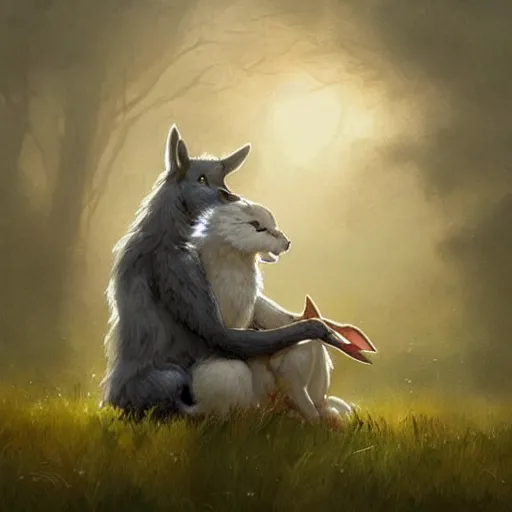 Image similar to A beautiful painting of an anthropomorphic wolf and rabbit sitting in a field and hugging, artstation trending, greg rutkowski