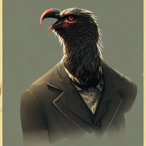 Image similar to ripped physique Man Beak portrat Sherlock Samuel Beckett Beak Detective Anthropomorphic furry fashion vogue Vulture man wearing a Buzzard costume wearing a hobo costume gerald brom bastien grivet greg rutkowski norman rockwell portrait face head beak eyes