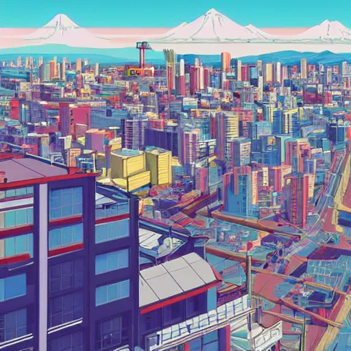 Prompt: wharf, [ red - yellow - blue building ], city on mountainside in distance, japanese city, cel - shading, 2 0 0 1 anime, flcl, jet set radio future, the world ends with you, sunshine, cel - shaded, strong shadows, vivid hues, y 2 k aesthetic, art by artgerm