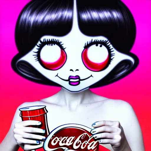 Image similar to digital drawing of the coke logo personified as a soda themed girl in the style of the youtuber lavender towne, large creepy eyes, extremely detailed and colorful eyes, digital art, deviant art, soda themed girl, hyper detailed eyes, money sign pupils, tim burton, scratchy lines, junji ito