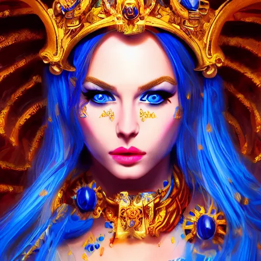 Prompt: seductive divine goddess with bright blue eyes and golden robe surrounded by darkness, vibrant color scheme, intricately detailed, in the style of realism, cinematic, artstation,