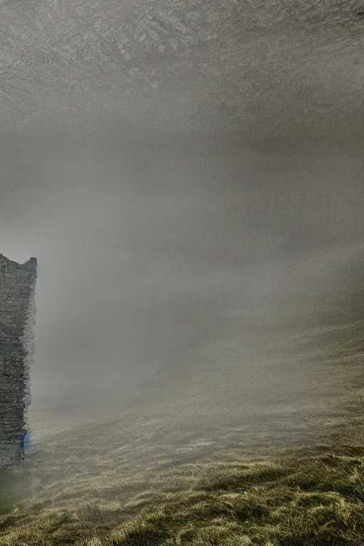 Image similar to brocken spectre, ghost of the lake, ruined castle