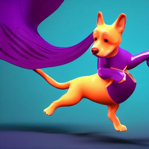 Image similar to a beautiful 3d render of a purple dog dancing, in the style of disney, comic book style, the dog is doing a ballet dance, highly detailed, 8k resolution