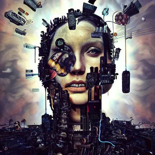 Image similar to full face close up portrait, visions of chaos in a thriving dystopia, by peter woodroffe, by igor morski, by laurie lipton, in a cyber - punk ally, cinematic lighting, volumetric lighting, neosurrealism, realistic shadows, particle effects, rendered in octane, punk, electric, cosmic, cybernetic