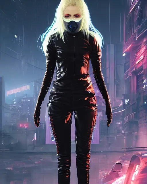 Prompt: blonde female vampire assassin, wearing cyberpunk intricate jumpsuit, mouth respirator, beautiful, detailed portrait, cell shaded, 4 k, vivid colours, concept art, by wlop, ilya kuvshinov, artgerm, krenz cushart, greg rutkowski, pixiv. cinematic dramatic atmosphere, sharp focus, volumetric lighting, cinematic lighting, studio quality