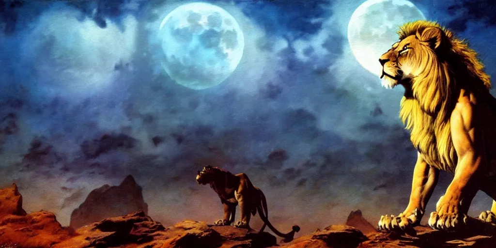 Prompt: by frazetta , panoramic close up of realistic lion guardian barbarian mummy, all epic poses , full body backlight ,top light ,full body portrait ,highly textured oil painting ,jungle ,cyan graveyard with backlight from the moon ,foggy background ,with dramatic sky ,clouds and giant oversized moon and storm