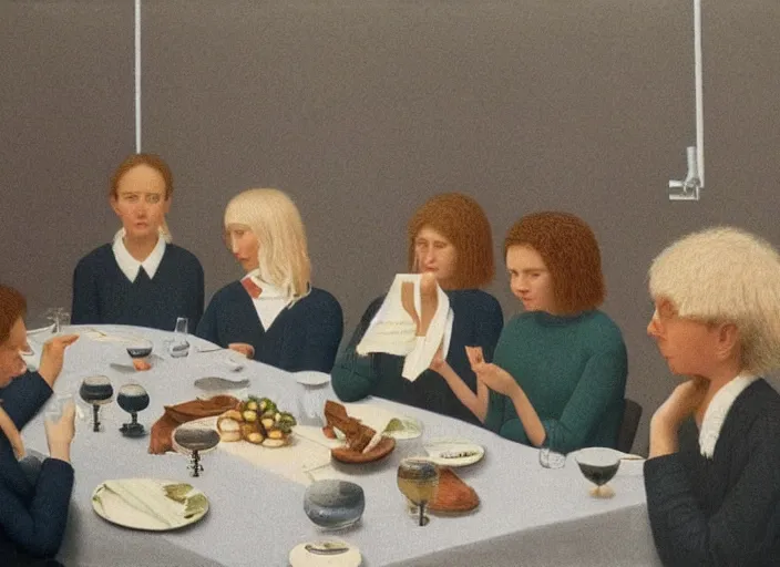 Image similar to a very boring dinner party, painting by quint buchholz, muted colors, gray, dull, boring, low energy