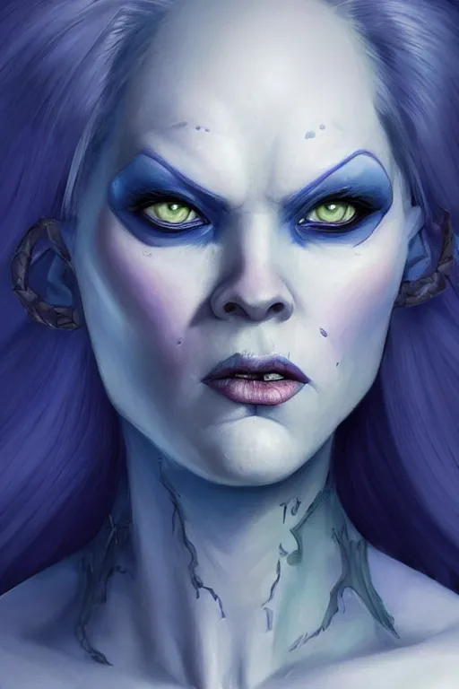 Image similar to shirley ann manson as a blue skinned tiefling, d & d, fantasy, portrait, highly detailed, headshot, digital painting, trending on artstation, concept art, sharp focus, illustration, art by artgerm and greg rutkowski and magali villeneuve