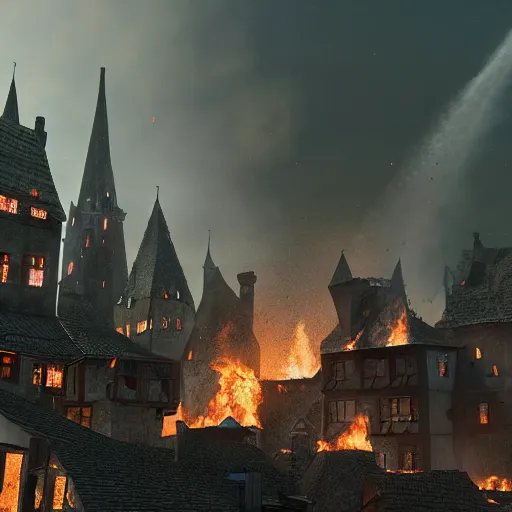 Image similar to medieval village burning down from meteor debris, award winning, trending on artstation, unreal engine, fantasy art, octane render, hyperrealistic