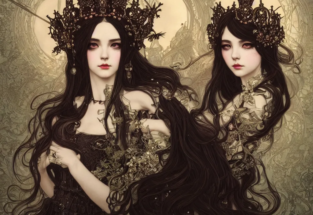 Prompt: beautiful and luxury and victorian and gothic and dieselpunk young medieval dark crown princess portrait like blackpink lisa + smoky eyes + light flowing hair, ultradetail face, art and illustration by tian zi and wlop and alphonse mucha, fantasy, intricate complexity, world concept, blurry