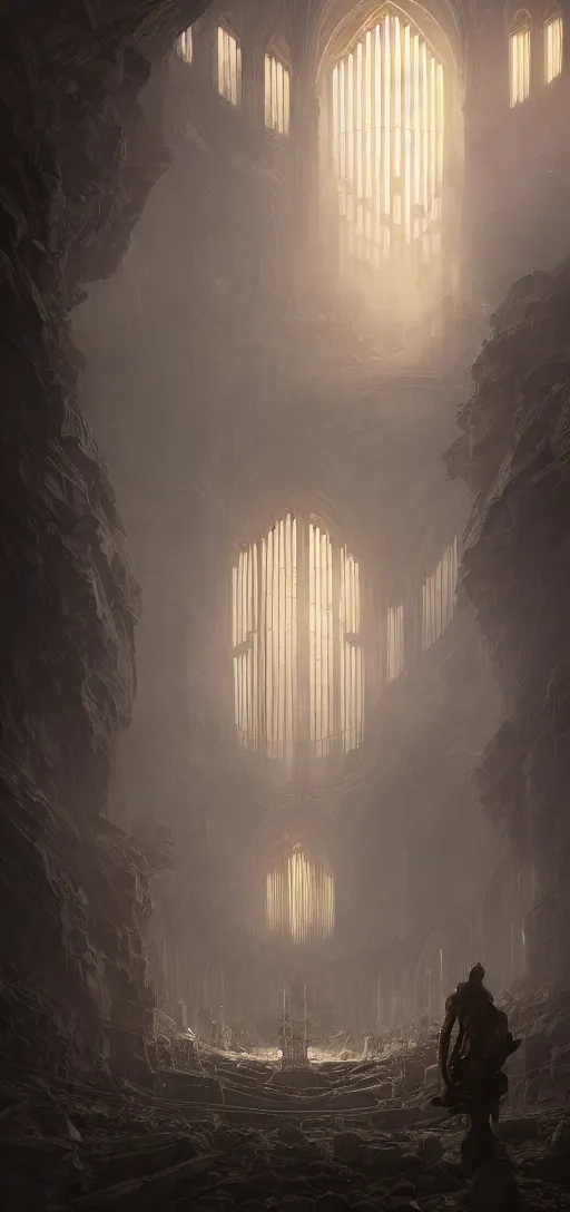 Image similar to pipe organ in an sunken cathedral, obsidian walls with silver trim, smoke, fog, unearthly light, by peter mohrbacher dan mumford craig mullins nekro, cgsociety, pixiv, volumetric light, 3 d render, smoke, dark fog, sunset colors