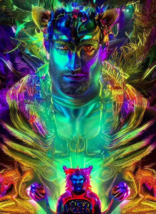 Image similar to photo of baroque and bladerunner delicate neon emerald sculpture of seductive king william levy tigers orange iridescent humanoid deity wearing metallic jungle leaves holding the sun prismatic dungeon, glowing rainbow face, crown of white diamonds, cinematic lighting, photorealistic, octane render 8 k depth of field 3 d