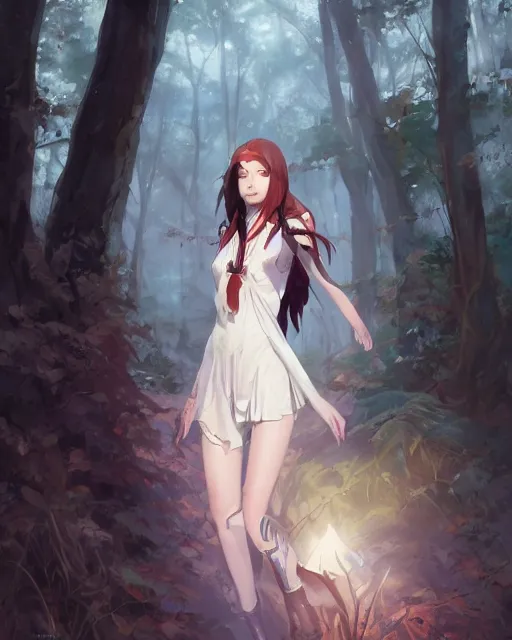 Image similar to a white tribeswoman standing in the woods. By Makoto Shinkai, Stanley Artgerm Lau, WLOP, Rossdraws, James Jean, Andrei Riabovitchev, Marc Simonetti, krenz cushart, Sakimichan, D&D trending on ArtStation, digital art.