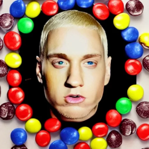 Prompt: a photo of eminem's face made of m & m candies