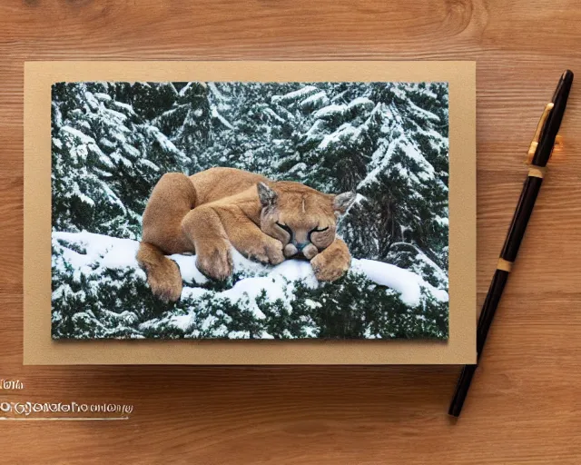 Image similar to postcard showing 'a cougar sleeping in the middle of snowy pine tree' laying on coffee table with stamp and damaged due to age, zoomed out shot, HD, iphone capture