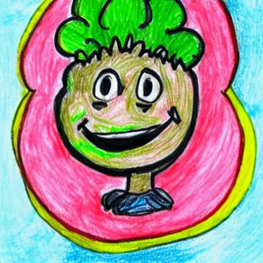 Image similar to a children's drawing of a smiling happy broccoli, he is dancing, vivid bright colors, color pencils are scattered around on the paper