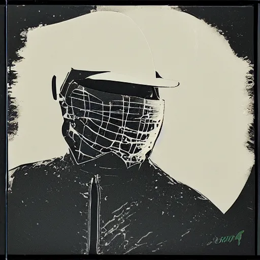 Image similar to transparent siluette of a bandit. transparent screen - printed on top of a photo. sun - bleached highlights. sanded surface. scratches on the surface soft colors