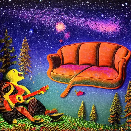 Image similar to psychedelic couch sofa in the pine forest, guitar, milky way, designed by moebius, rob gonsalves, gustav dore, giuseppe arcimboldo and carl barks, louis wain, trending on artstation, canada, star, sharp focus, colorful refracted sparkles and lines, soft light, 8 k 4 k