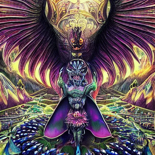 Image similar to A centered chest up portrait of a psychedelic godlike mothman with giant mandala wings smoking a hand-rolled cigarette smoking heavily , magic mushroom village in background , award winning. superb resolution. in the art style of junji Ito and greg rutkowski . Detailed Mushroom city in background. Hyper realistic anime. Perfect art. Dalle2