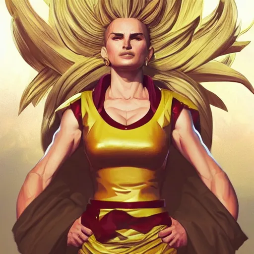 Image similar to super saiyan natalie portman, highly detailed, digital painting, artstation, concept art, smooth, sharp focus, illustration, art by artgerm and greg rutkowski and alphonse mucha