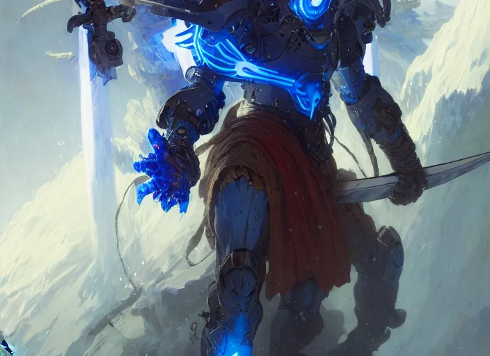 Image similar to character design digital 2 d man viking cape evangelion cyborg blue armor sword of fire by gaston bussiere, anna nikonova aka newmilky, greg rutkowski, yoji shinkawa, yoshitaka amano, tsutomu nihei, muira, moebius, donato giancola, trending on artstation, featured on pixiv