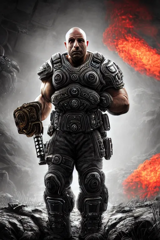 Image similar to Joe Rogan as a muscular Gears of War character, photorealism, full body, white ambient background, unreal engine 5, hyperrealistic, highly detailed, XF IQ4, 150MP, 50mm, F1.4, ISO 200, 1/160s, natural light, Adobe Lightroom, photolab, Affinity Photo, PhotoDirector 365, realistic